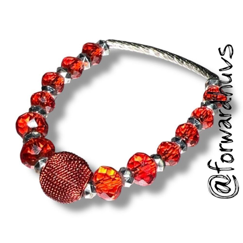 Bundle Sale 3 for $15 | Faceted Red Bead Stretch Bracelet Textured Center Bead